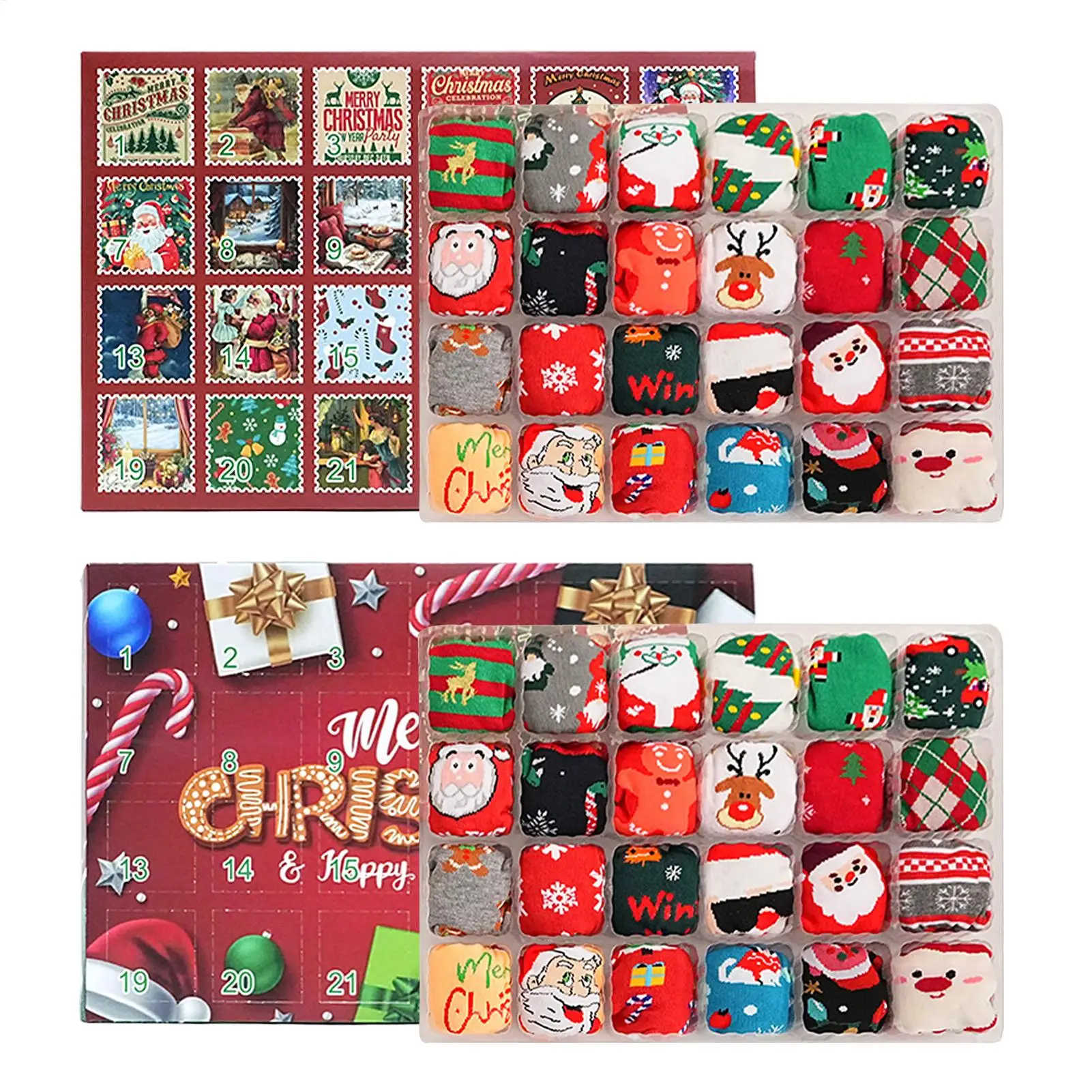 Weihnachts-Advent-Socken, 24-Tage-Advent-Countdown-Kalender, 12 Paar weiche Crew-Socken für Damen, Herren, Erwachsene, Teenager, Urlaub