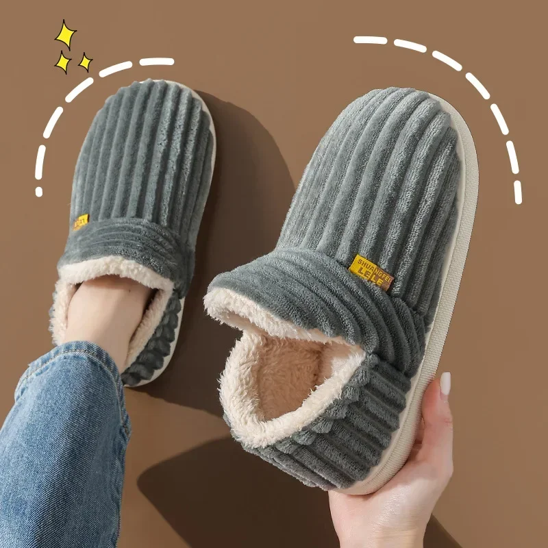 Winter Couple Style Concise Solid Color Wrap Heels Plush Slippers Non-slip Warm Flip Flops Women Men Home Casual Cotton Shoes