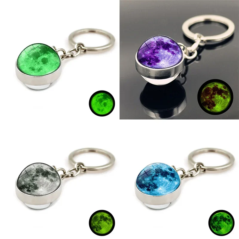 Vintage Glow In The Dark Moon Double Sided Glass Ball Key Ring Star Time Gem Pendant Luminous Keychain Fashion Jewelry for Women