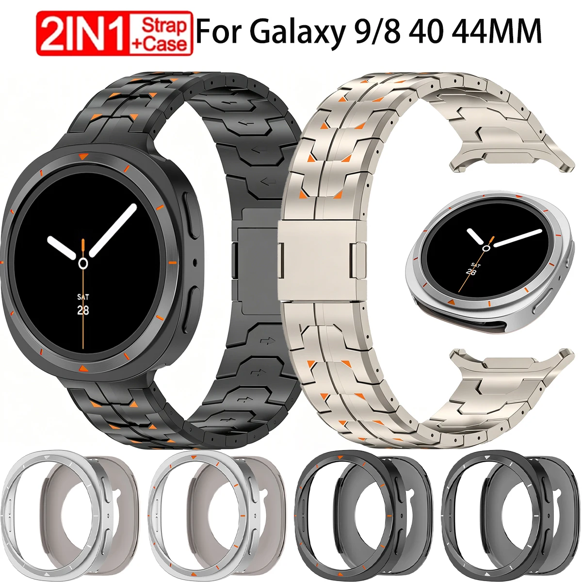 Capa de Luxo + Pulseira para Samsung Galaxy Watch 9 40 44mm, Capa Protetora Bumper com Pulseira de Metal para Galaxy 8 40 44mm