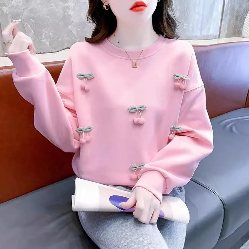 Women's Korean Style Cherry Graphic Sweatshirt 2026 Spring Loose Round Neck Casual Chic Pullover