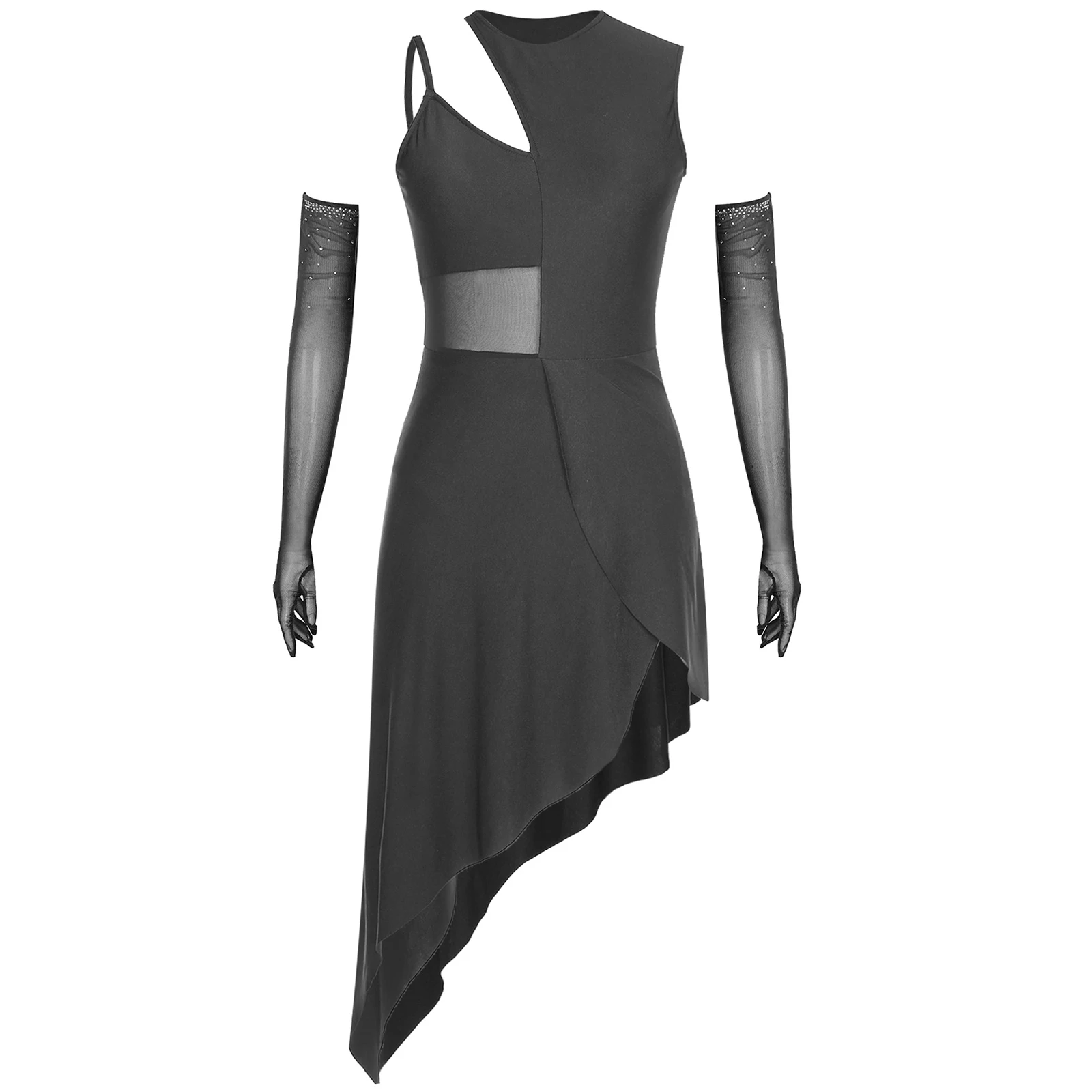 Women Latin Jazz Modern Dance Dress Cha-cha Tango Samba Dancewear Sleeveless Irregular Dress with Full-finger Mesh Gloves Sets