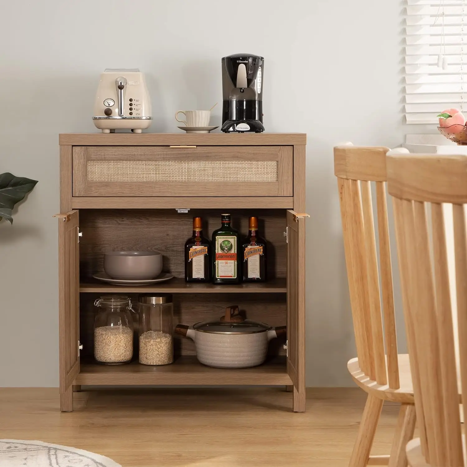 Rattan Storage Cabinet Conjunto de 2 Aparador Buffet, Boho Console Mesa com gaveta, Farmhouse Cover