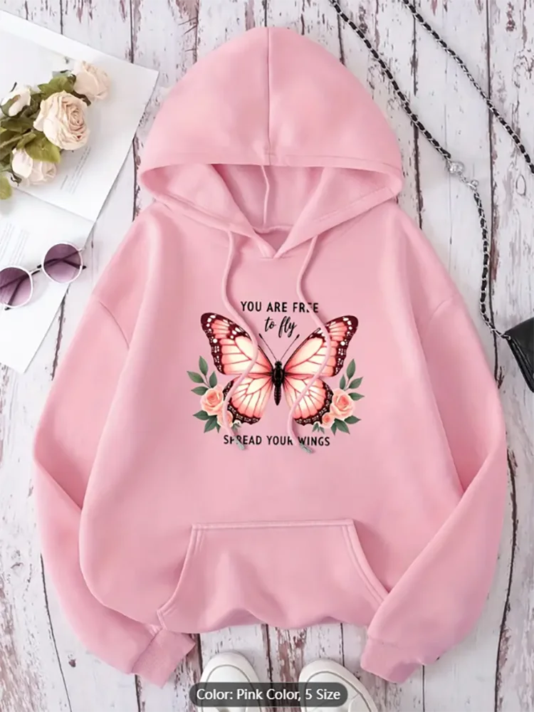 

Женская повседневная толстовка с капюшоном и бабочкой с цветочным принтом, вдохновляющая цитата, уютная толстовка с карманом и длинными рукавами, комфорт из чистого хлопка