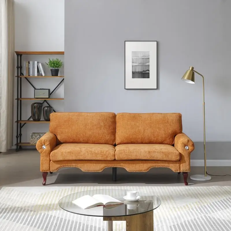 80-Inch Modern Linen Sofa, 3-Seater, Wooden Legs, Crystal Buttons, Copper Nails, Tufted Backrest, Ideal for Living Room,