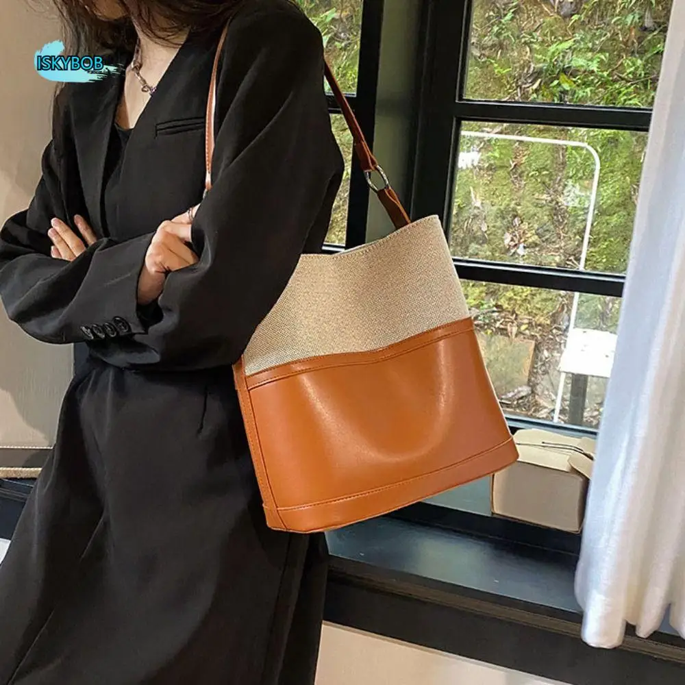 

Ins Patchwork PU Leather Shoulder Bag Korean Style Large Capacity Retro Underarm Bag Casual Handbag Women Bucket Bag Travel