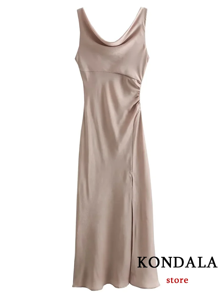 Kondala Vintage Chic Satin Frauen Party kleid solide Front Split ärmellose gerade Vestidos Mode Abend Club Kleid