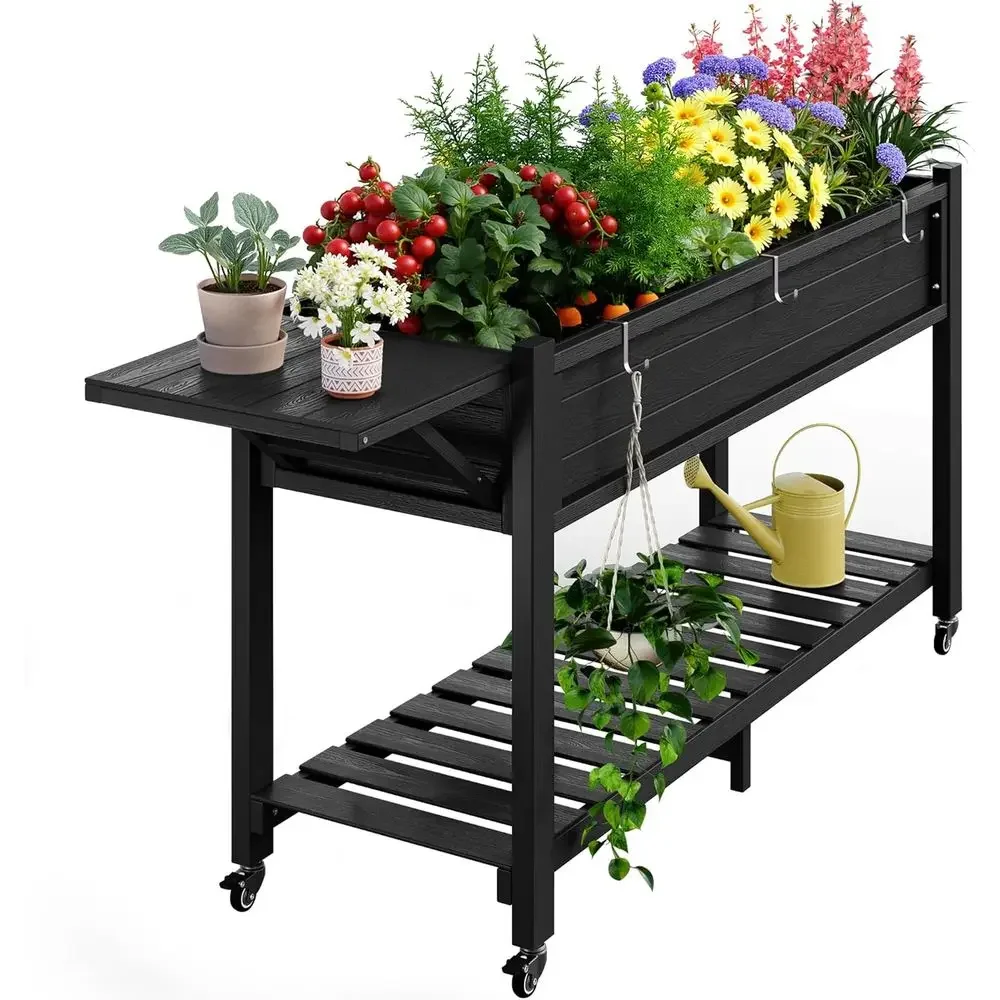 Elevated Garden Bed 57x18x30in, 400lb Capacity, Waterproof with Wheels, Storage Shelf, Weather-Resistant for Deck/Patio/Porch -