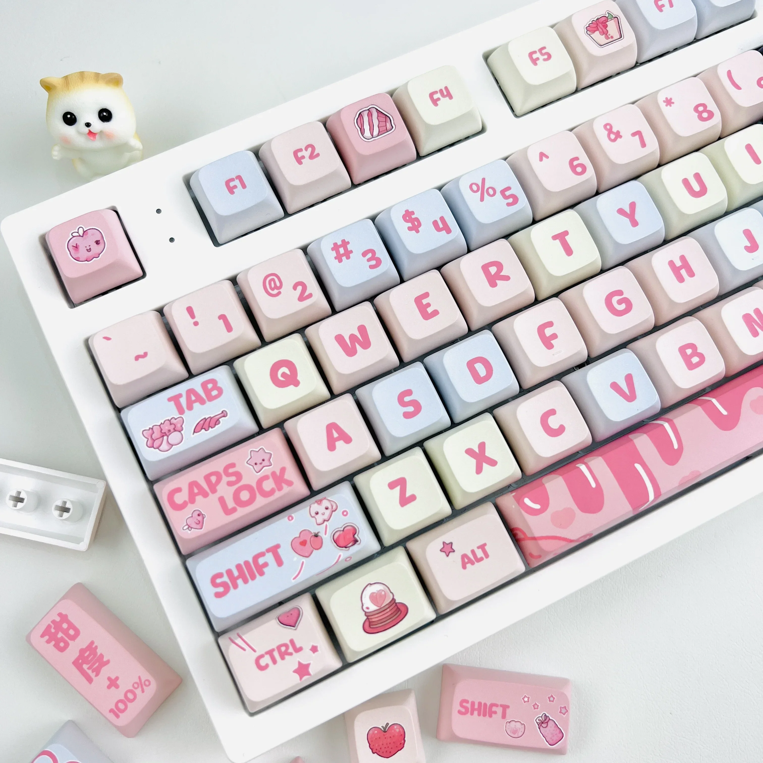 Cream Powder Strawberry PBT Keycap Hot Sublimation XDA Cute Girl Cartoon Customized Keyboard 68/75/87/98