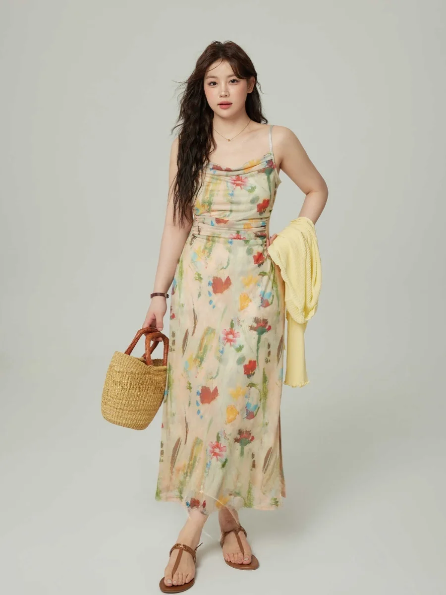 

Monica plus Size Women's New Chinese Style Mesh Strap Dress Summer Slimming Floral Skirt A-Line Midi Dress Korean Style
