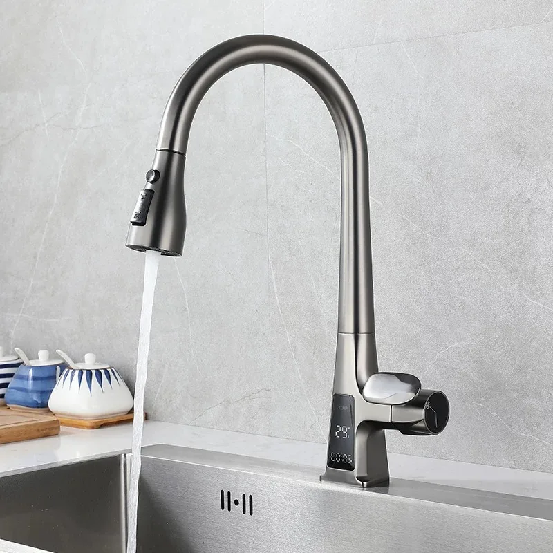 

Kitchen sink pull-out faucet, vegetable basin digital display faucet, hot and cold rotating water outlet, sink touch nozzle