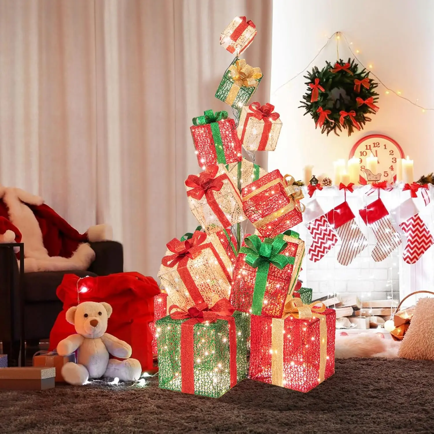 Lighted Box Tower, Stacked Pre-lit Boxes with Warm White Lights, Metal Base, Ribbons & Bows, Light up Gift Box Decorations