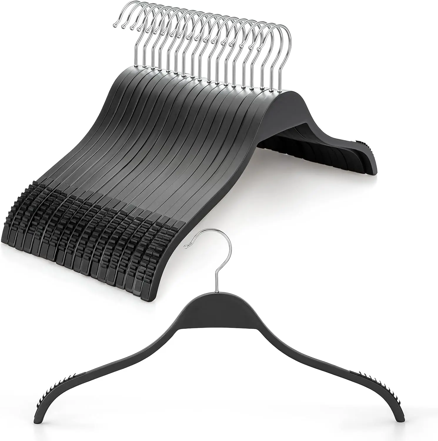 

18 Slim Wooden Hangers: Soft non-slip grips, high-grade black. No shoulder bump for sweaters, jackets, dresses.