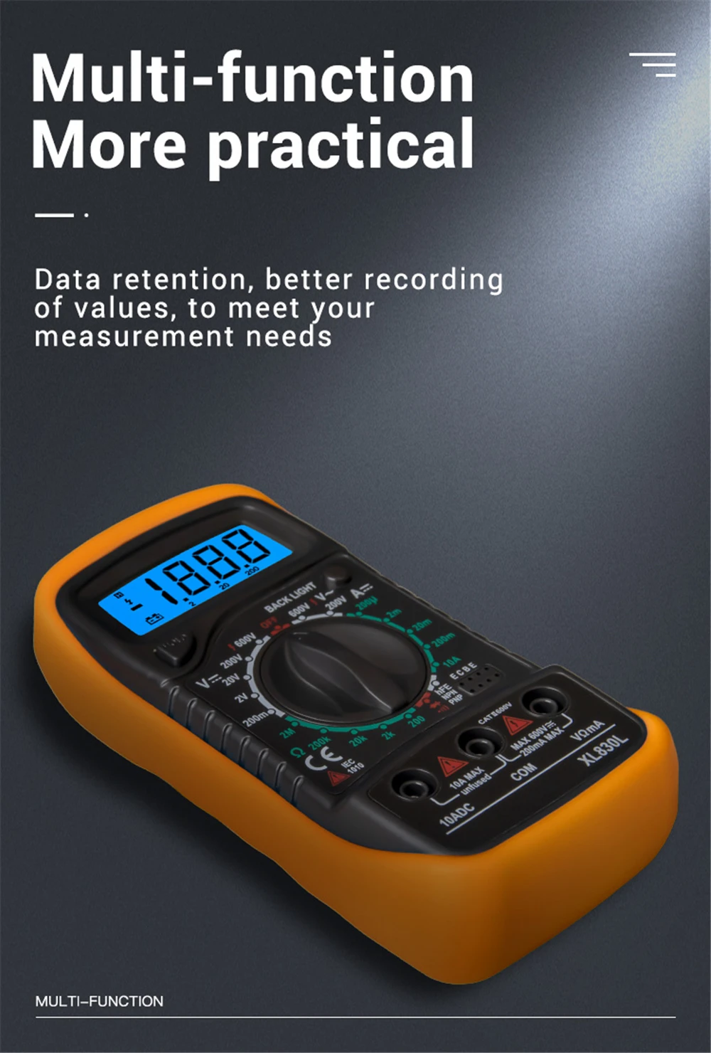 XL830L Handheld Digital Multimeter LCD Backlight Portable AC/DC Ammeter Voltmeter Ohm Voltage Tester Meter Multimetro