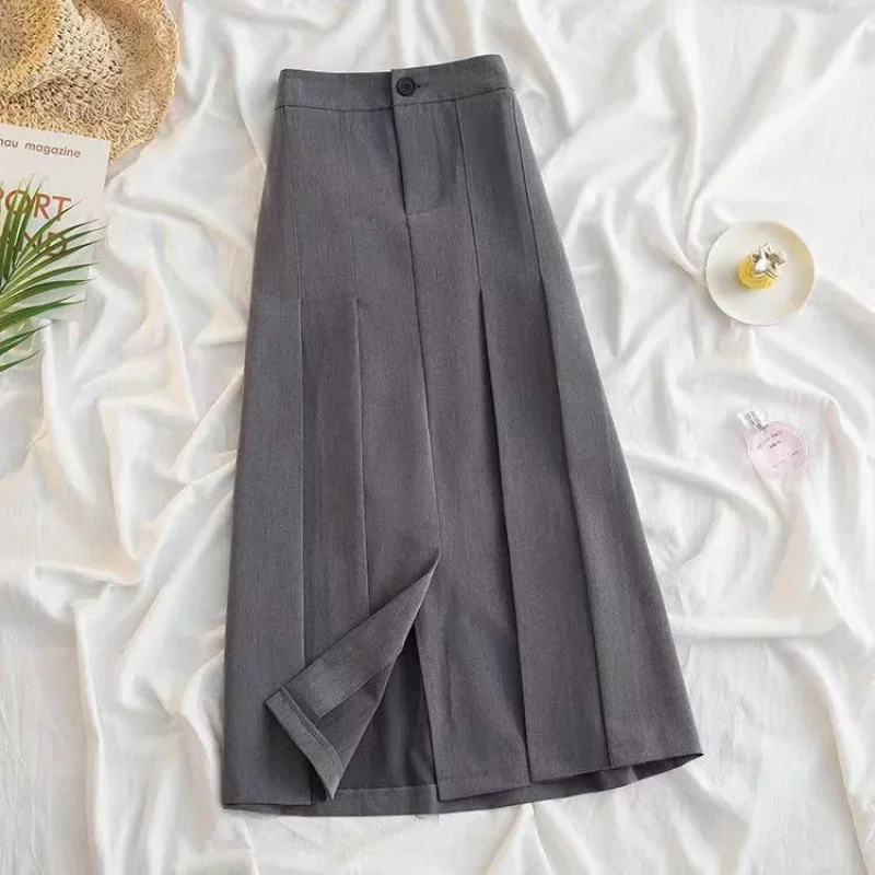 Black Gray Pleated Long Skirt for Women 2025 New Spring Japanese Style High-Waist Skirts Woman Office Streetwear Midi Skirt