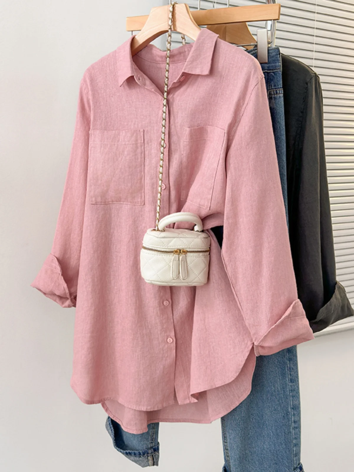 

Loose Fit Linen Shirt Long Sleeve Collar Mid-Length Coat with Big Pockets Women's Fashionable Summer Sun Protection Wear
