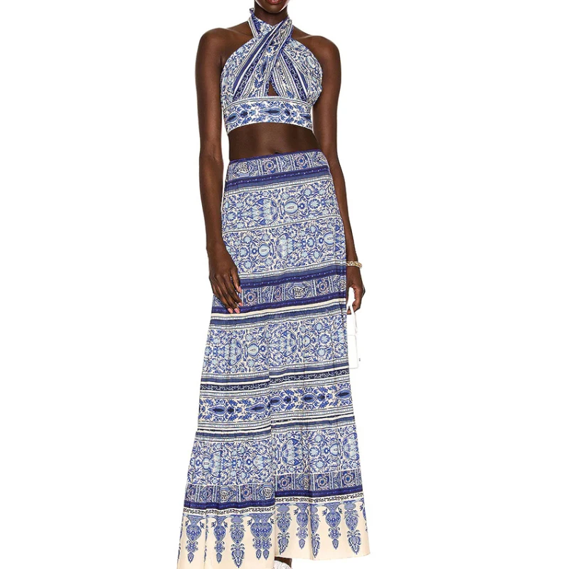 Blue and White Porcelain Tummy Control Underwire Swimsuit Push Up Women Swimwear Bathing Suit With Beach Skirt Sarong Cover Ups