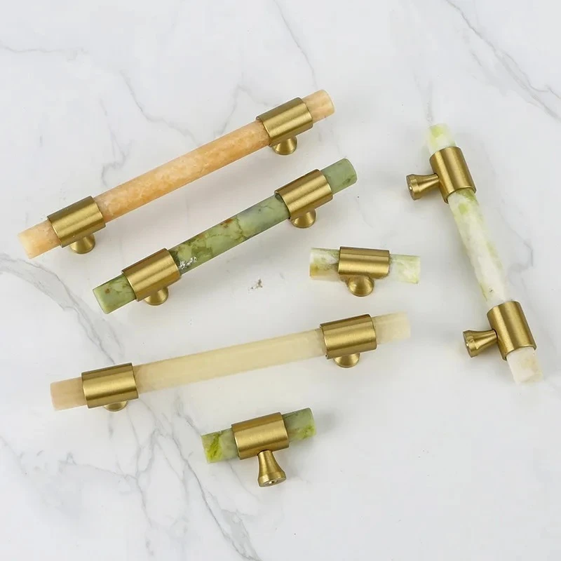 Long Cylindrical Marble Furniture Handle Drawer Knob Natural Marble Brass Handles For Kitchen Wine Cabinet Door Cupboard Pulls