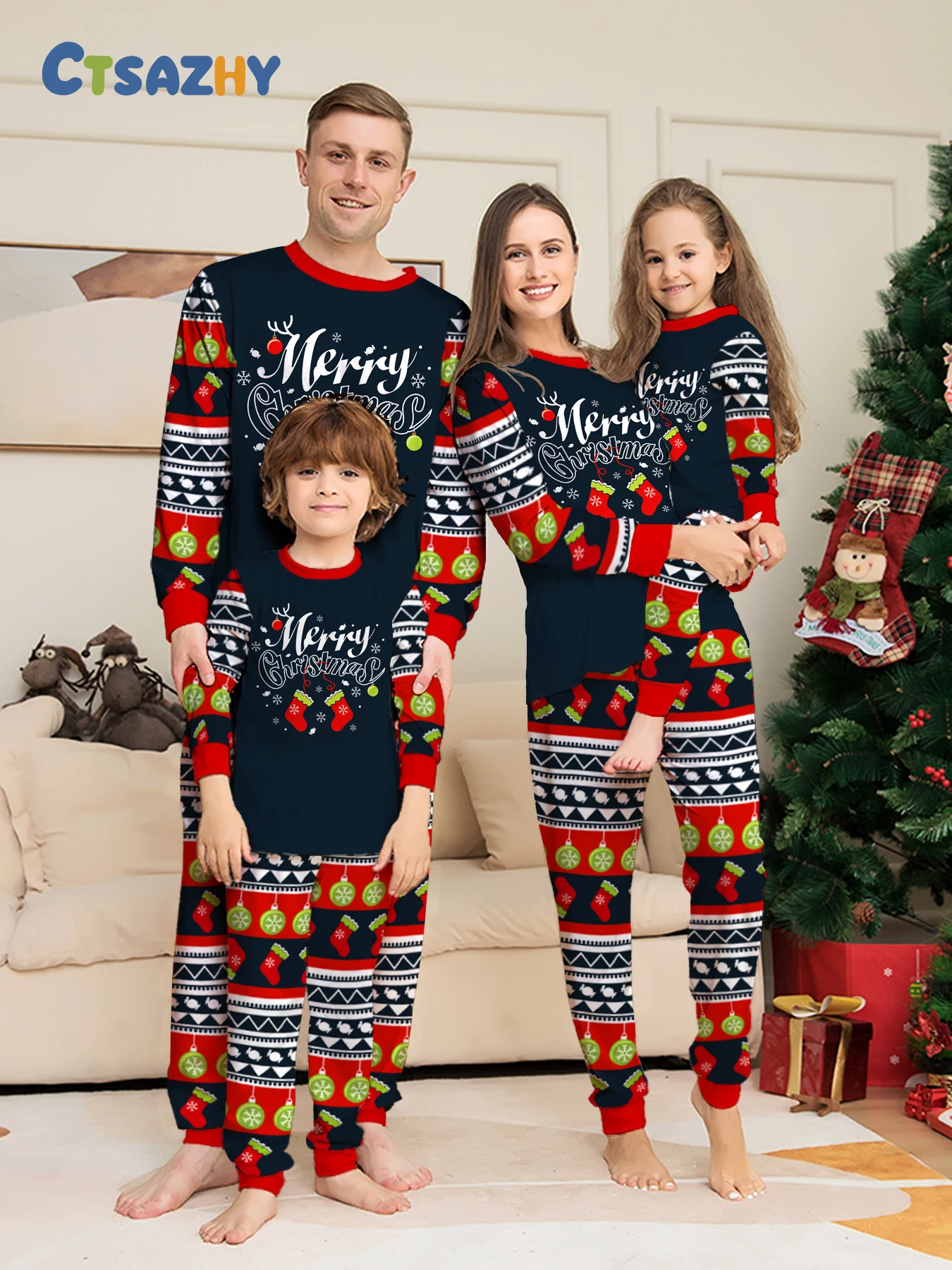 

Family Matching Xmas Sleepwear - Navy Christmas Decor - Printed Tops & Printed Bottoms