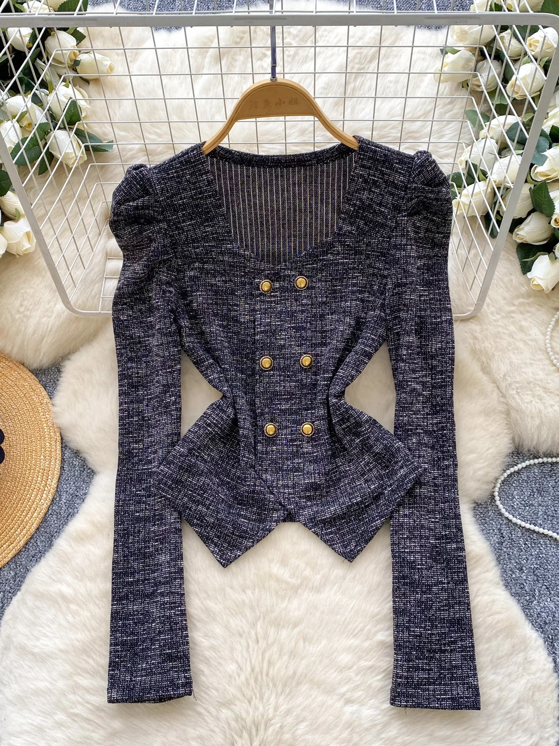 

Women Grey Square Collar Shirts and Blouses Vintage Aesthetic Elegant Double Breasted Long Sleeve Shirt Spring Autumn