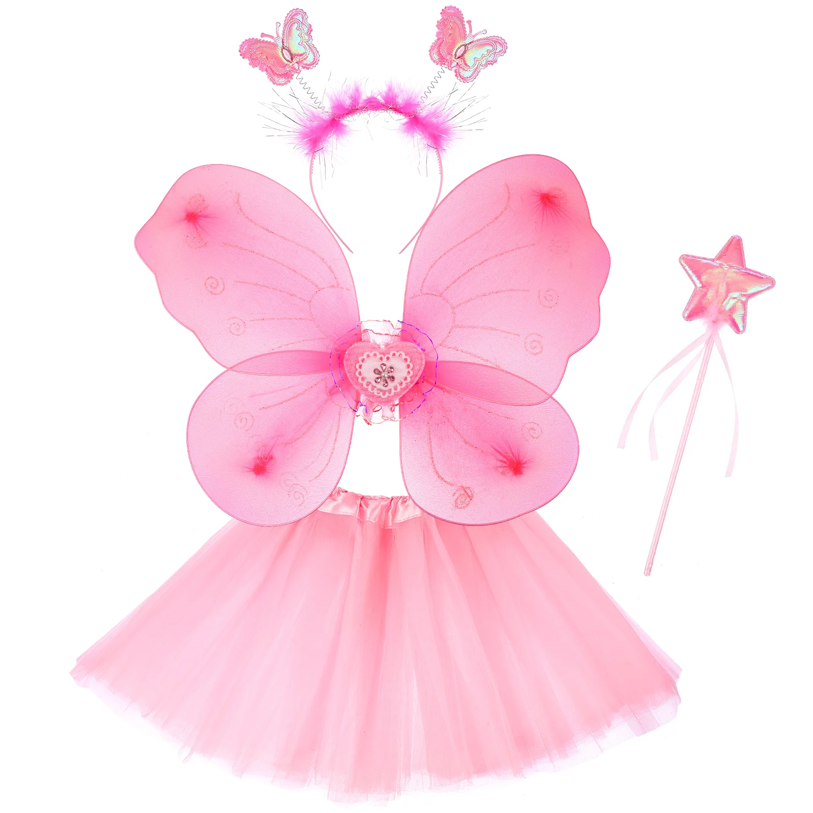 

Girl Outfits Butterfly Wings Four Piece Set Cosplay Fairy Costume for Girls Dress Gauze Tutu Skirt Girl's Pink Clothing Wand