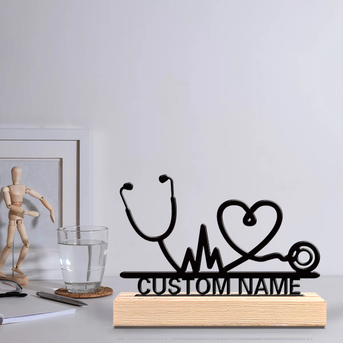 1pc Abstract ECG stethoscope Customized Name Iron Sculpture Iron Statue With Wood Base Bedroom Table