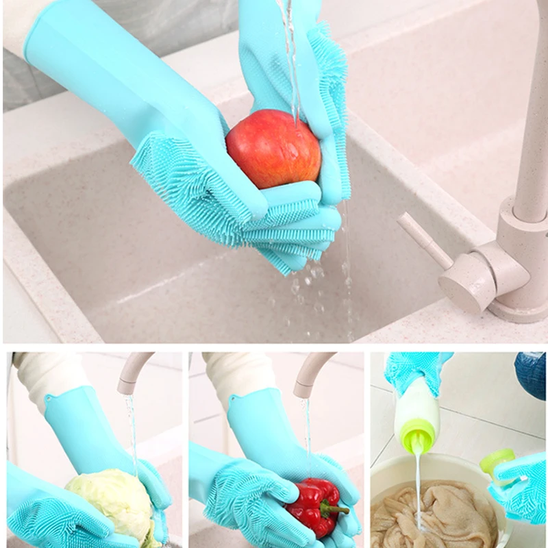 1 Pair of Reusable Magic Silicone Dishwashing Cleaning Gloves Household Sponge Scrubber Kitchen Cleaning Tools