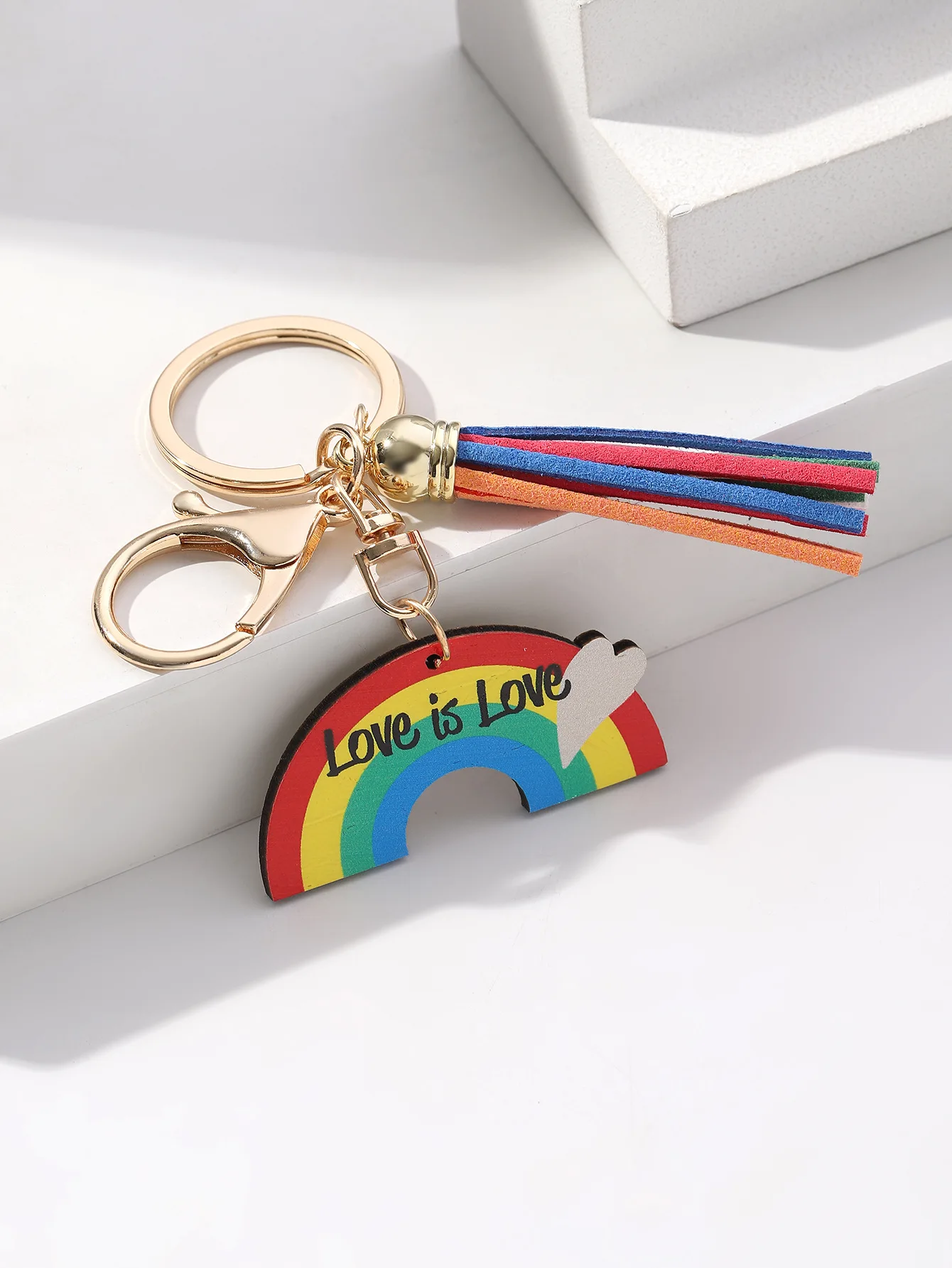 Gay Pride Flag Keychain Rainbow Heart LOVE is LOVE English Letter Tassel Hanging Key Ring