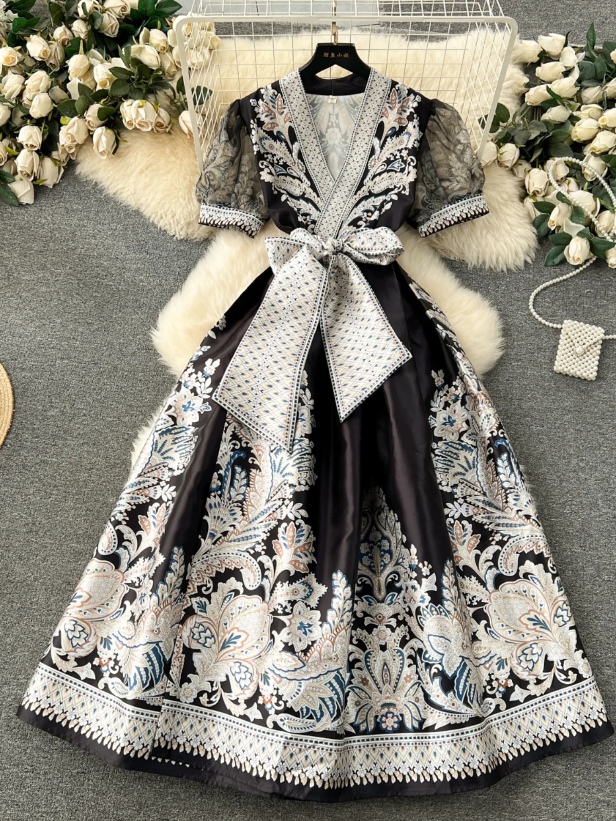 Rétro Court Sle Long Bubble Sve Dr femmes Design Sense imprimé taille-accrochée Midi Dr Ele a-ligne Version coréenne