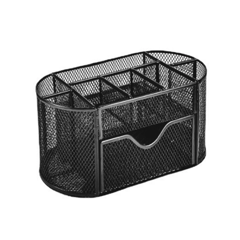 

1 Piece Mesh Pen Holder Black Metal For Desk Pencil Holder With 8 Compartments And 1 Drawer Desk Supplies