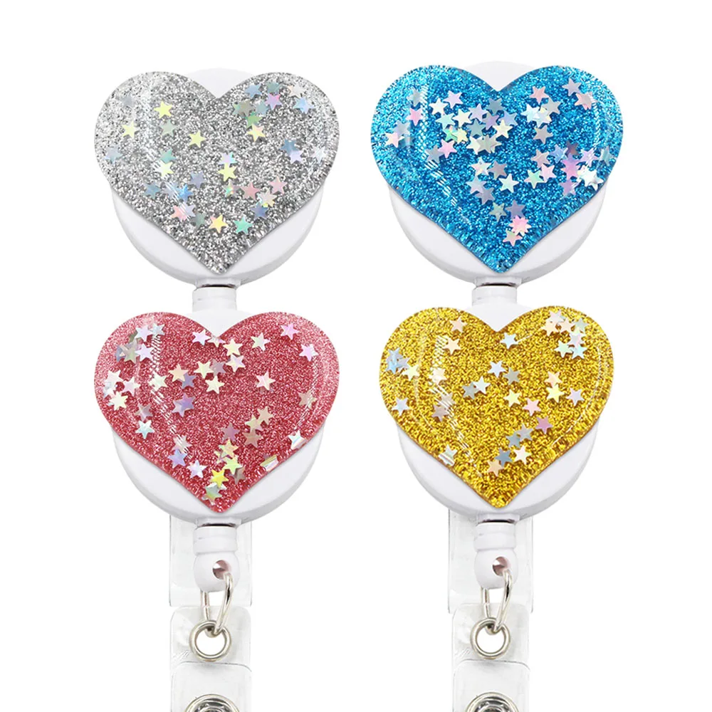 4pcs Lot Bling Heart Retractable Badge Clip Pull ID Card 3D Badge Holder For Nurse Student Hospital Office Card Holders