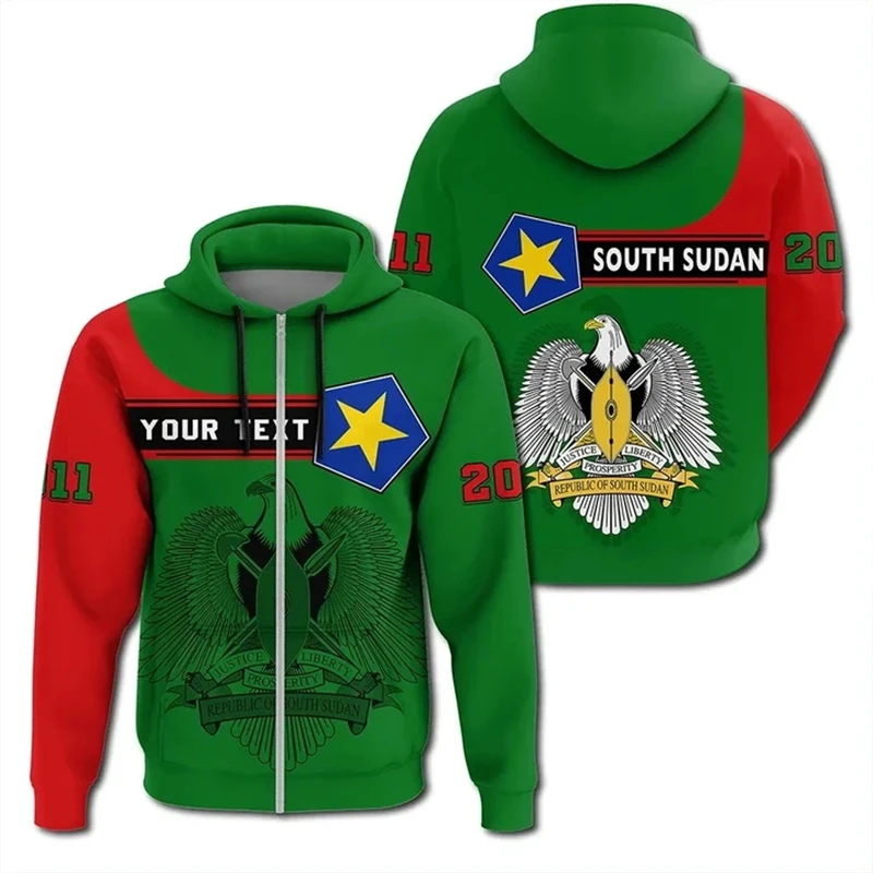 South Sudan Flag Pattern 3D Print Zip Up Hoodie For Men Patriotic Tracksuit National Emblem Graphic Sweatshirts Male Boy Coats