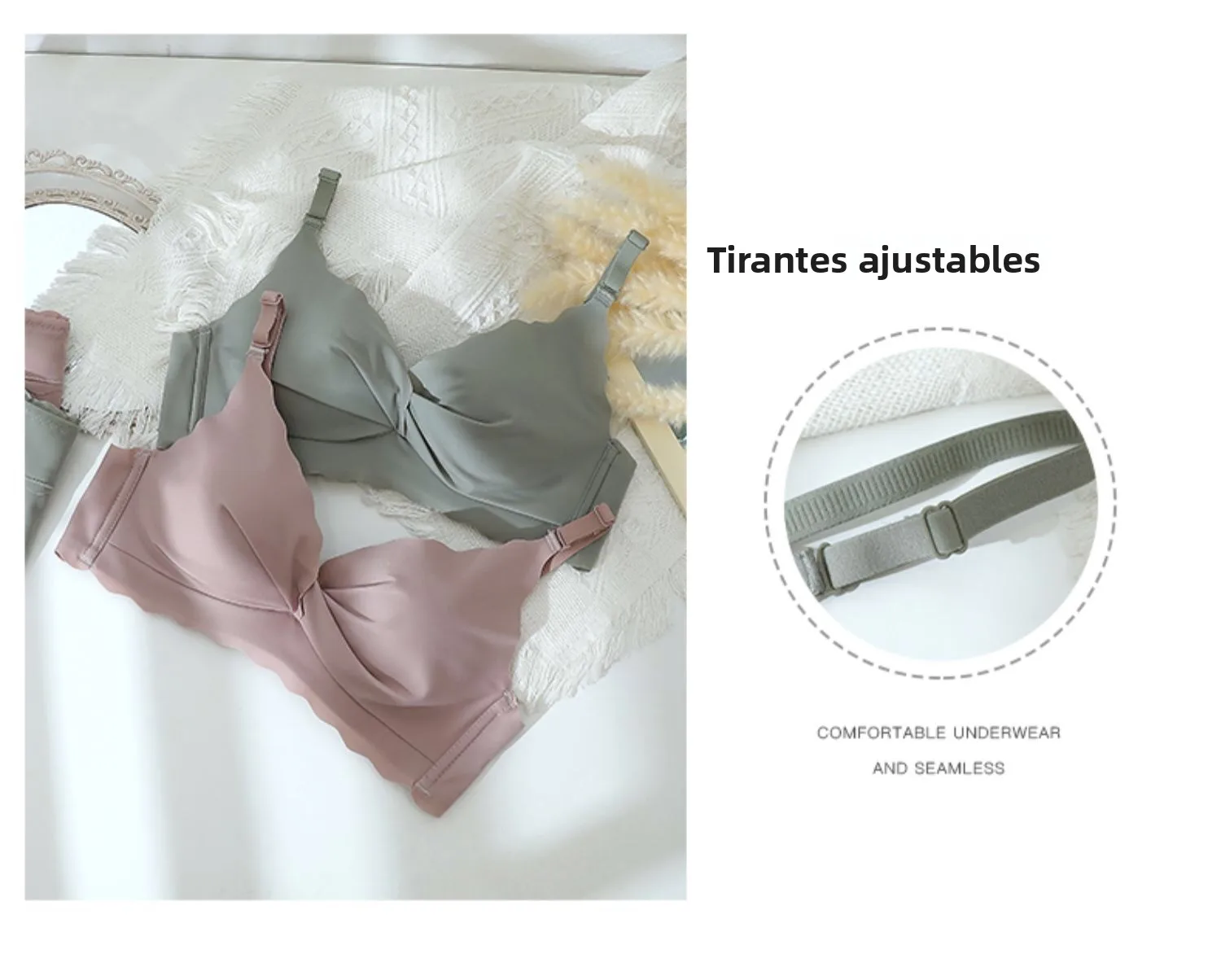 Conjunto de sujetador y bragas sin costuras para mujer, color blanco, fino, con efecto push-up, sin aros, ropa interior cómod...