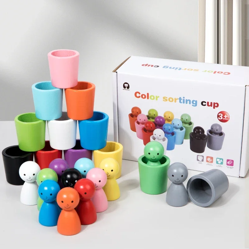 Juguetes de clasificación de colores Montessori, juego sensorial a juego de colores, muñecas de clavija de madera en tazas, juguetes de aprendizaje de educación temprana para niños pequeños, 3 +