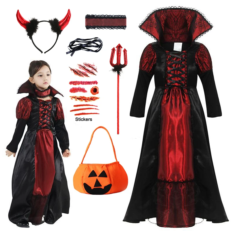 Girls Red Vampire Halloween Kids Costumes for Girl 2026 Carnival Party Prom Gown Ghost Bride Gothic Cosplay Children Clothing