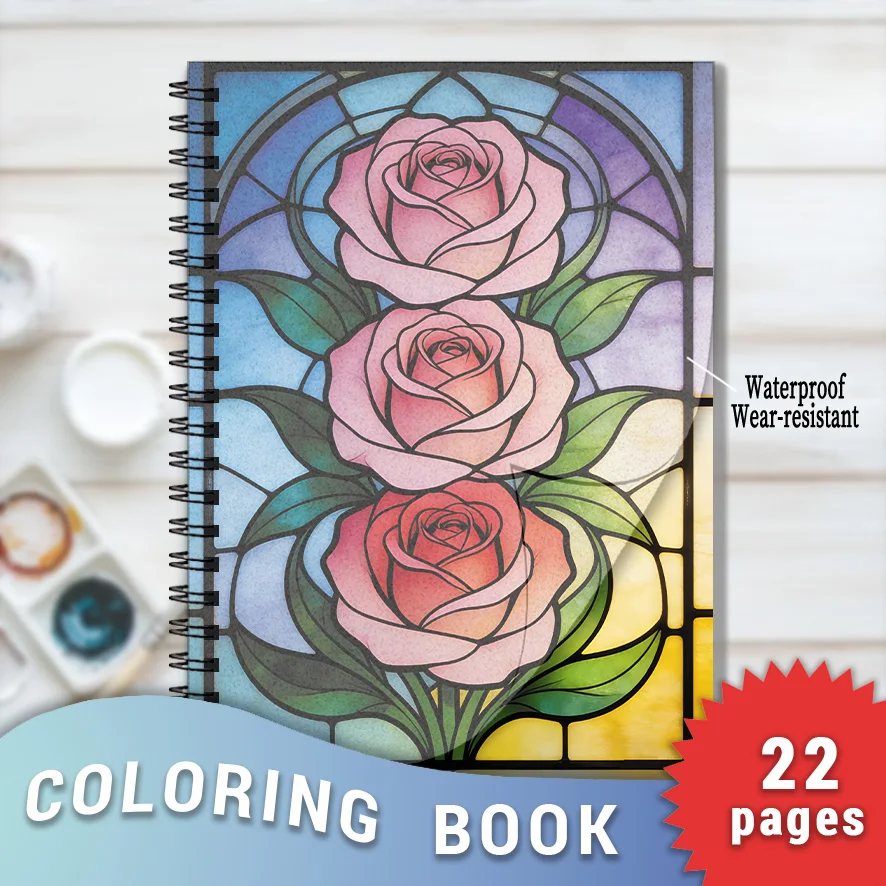 Stained Glass Rose Trio Adult Coloring Book - 8.3×11.2 Inches, 22 Pages. A Romantic Pick for Elegant Floral Art Fans
