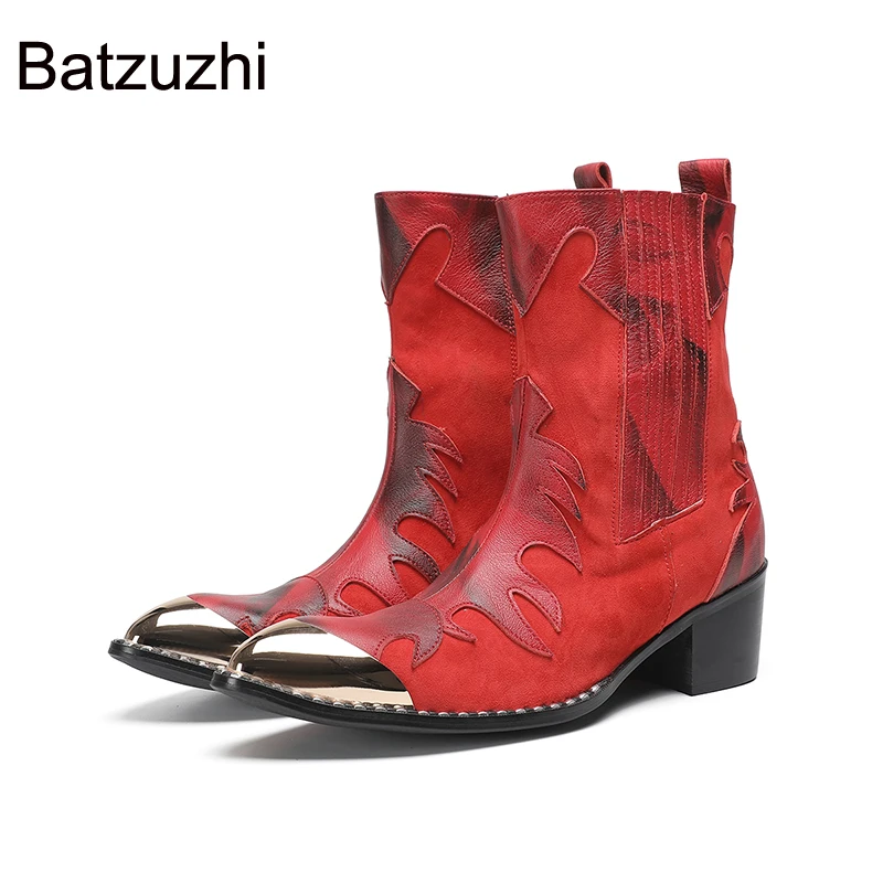 

Batzuzhi 6.5cm High Heels Men's Shoes Boots Mid-calf Red Leather Ankle Boots Man Metal Toes Zip Cowboy, Motorcycle Boots for Man