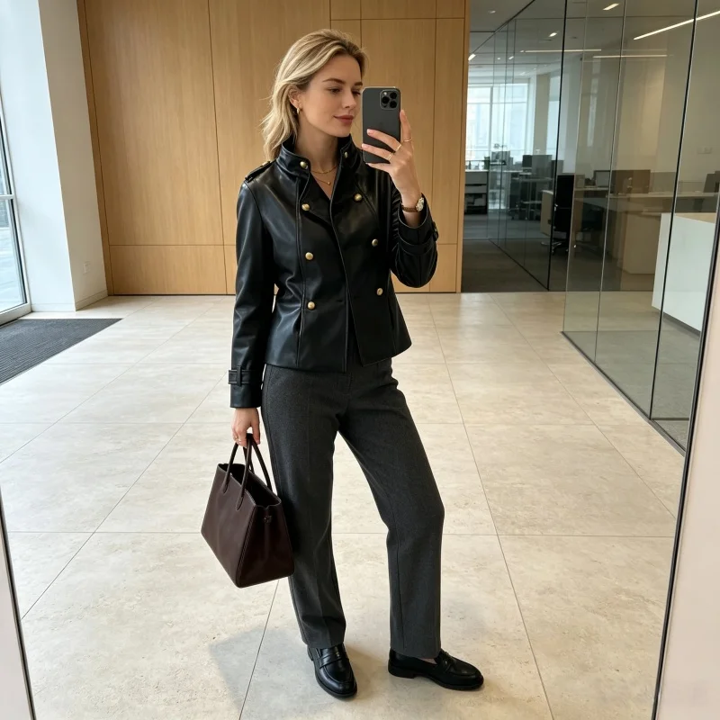 Early Fall New Collection Ladies' Faux Leather Outerwear Stand-Up Collar With Metal Button Decoration Fashionable Women Jacket