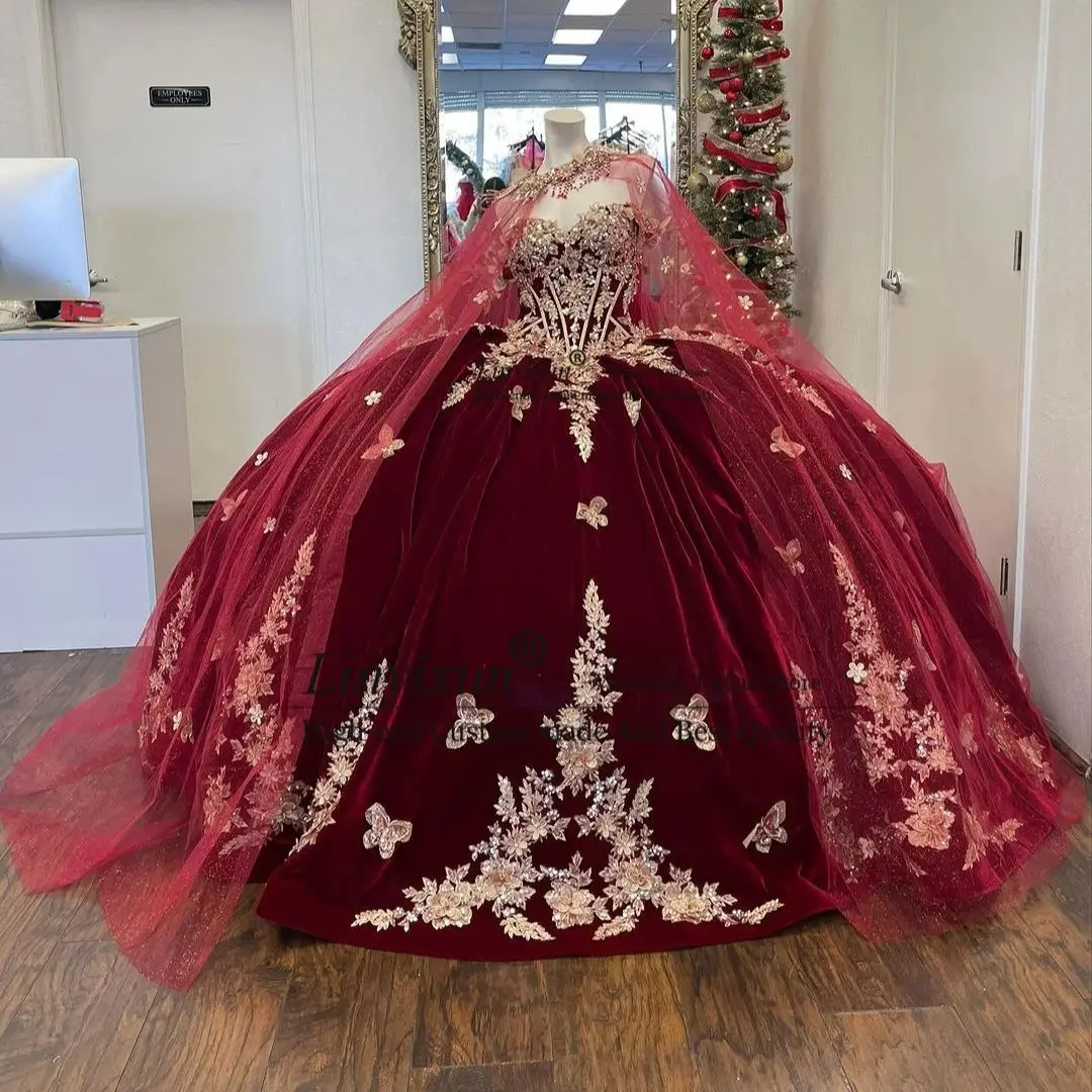 

Burgundy Velvet Princess Ball Gown Quinceanera Dresses 2024 Butterfly Floral Appliques Beads Crystals Vestido De 15 Anos Lace-Up