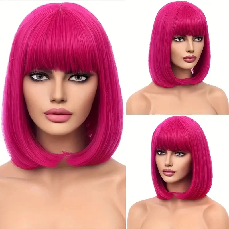

Women's wig with bangs, short straight , realistic synthetic hair, European and American style, shoulder-length bobo cut, fu