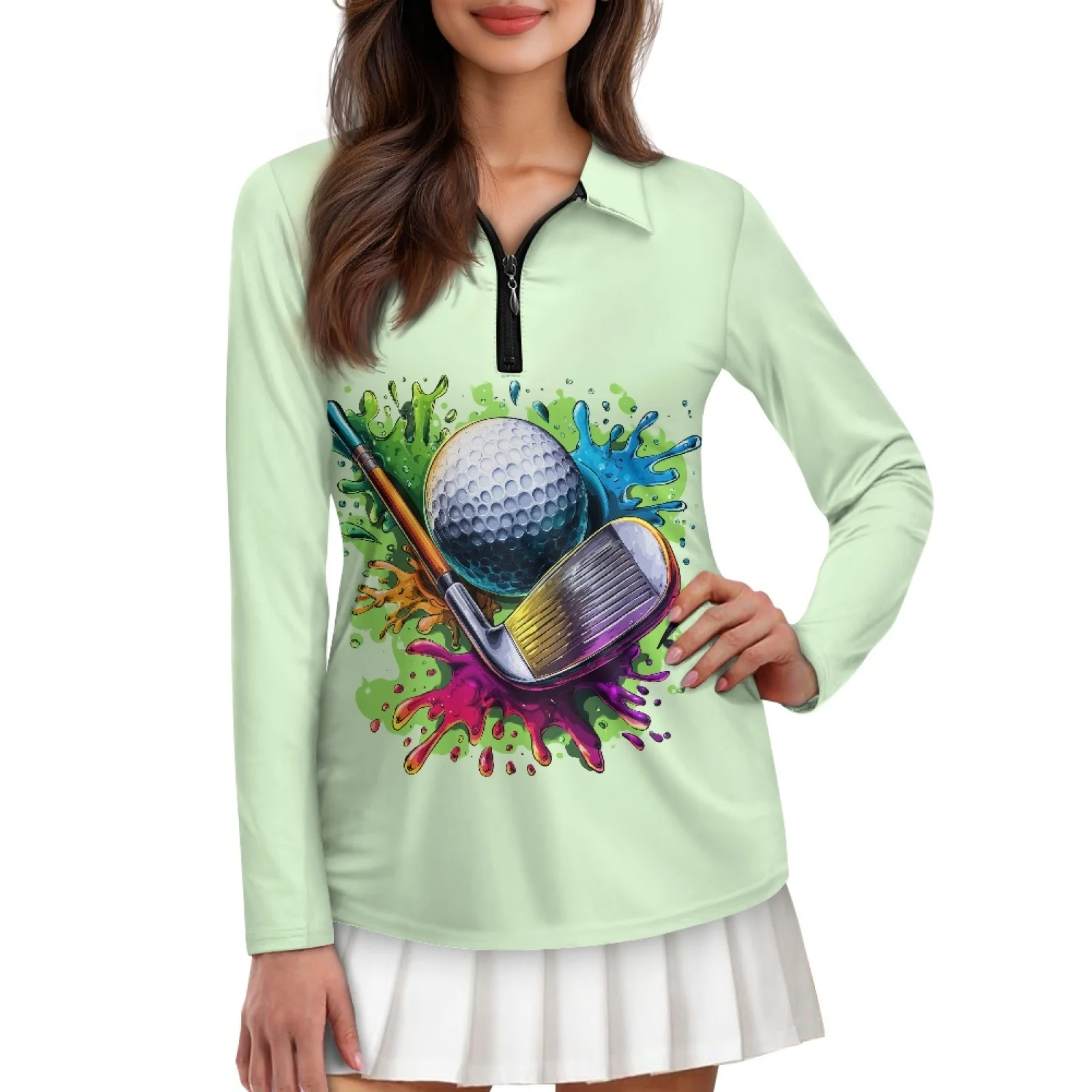 PENSTROLL Golf Splash Art Print Womens Breathable Zip Polo Tennis Top Lightweight Pullover Training Wear for Hiking