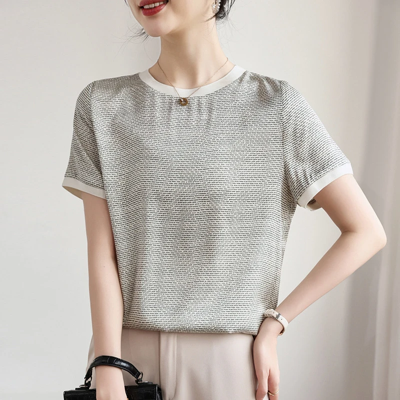2026 Summer Casual T-shirts Tees O-neck Short Sleeve Women's T-shirt Print T Shirt Real Silk Woman T Shirts Woman Tops Tee