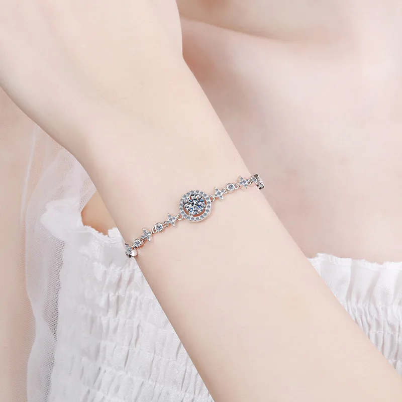 Stars Support the Moon, Moissanite Bracelet, Pure Silver Jewelry