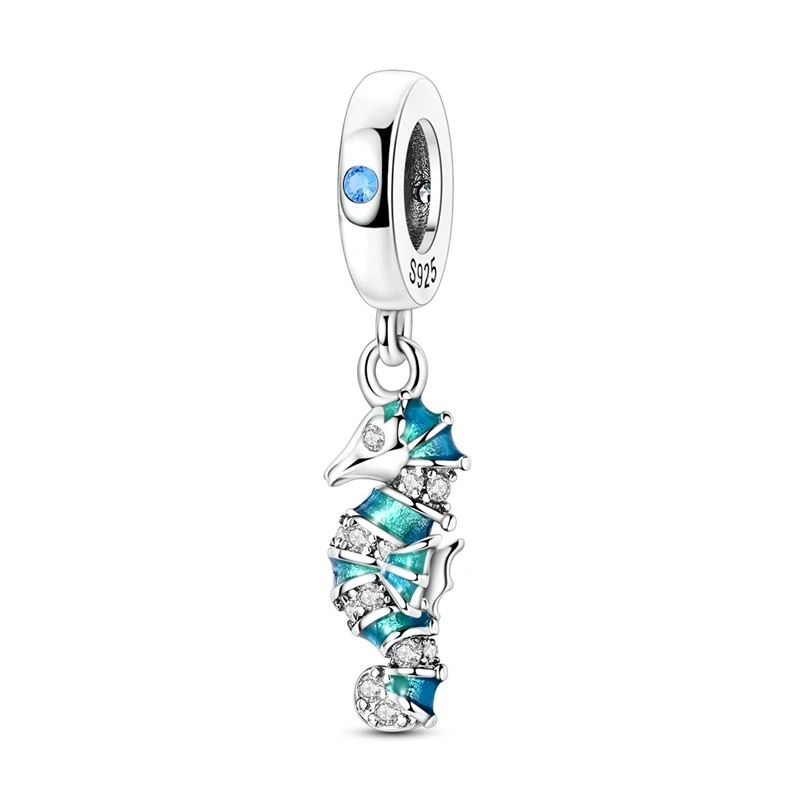 925 Sterling Silber Blaue Charms Walhai Meeresschildkröte Delfin Seepferdchen Anhänger Perle Passend für Original Armreif Armband Charms Schmuck
