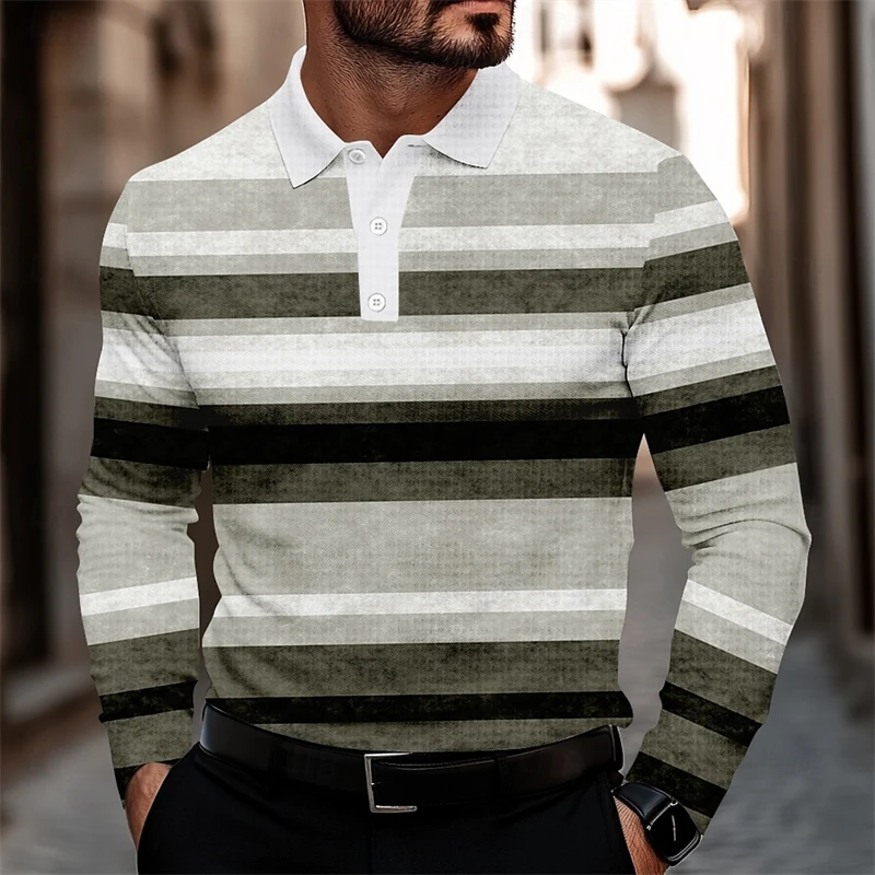 2025 Otoño Invierno raya manga larga Polo camisa transpirable Casual 3D impreso Tops Slim Fit secado rápido cuello clásico Polo camisa
