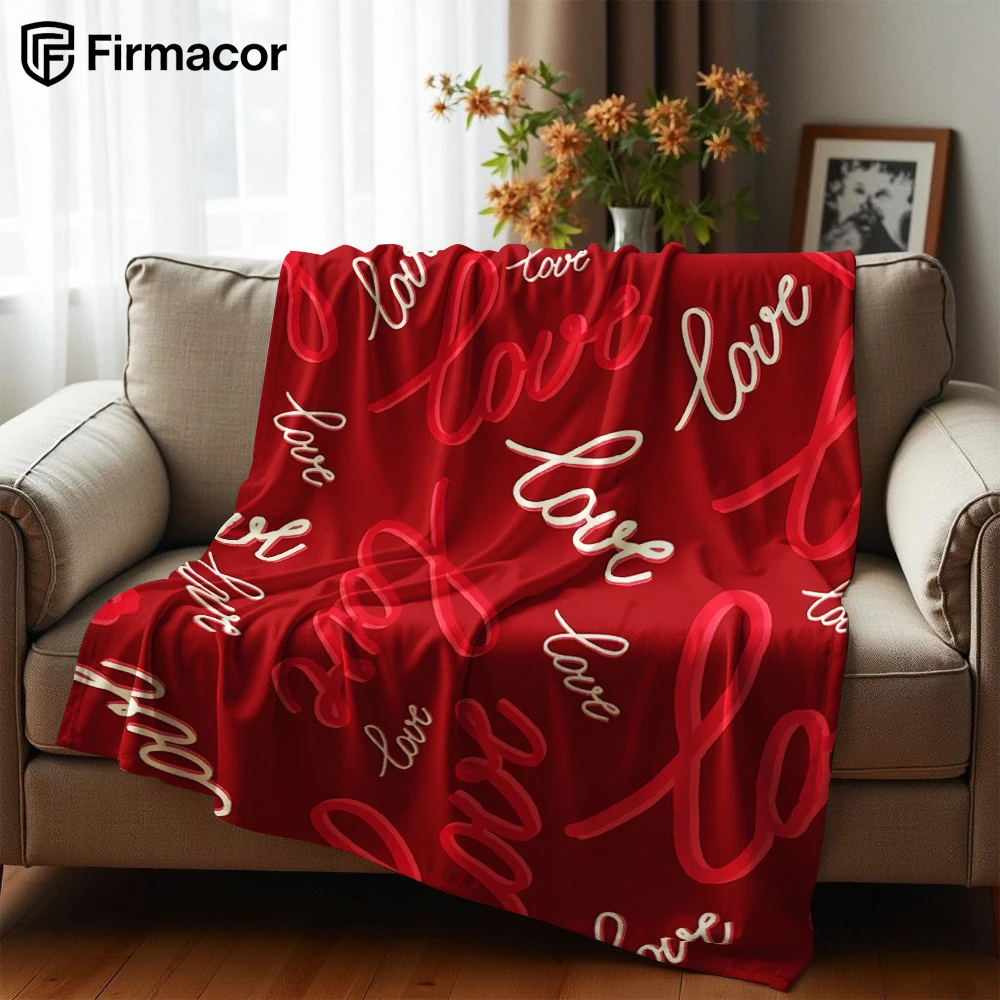 Red Love Script Soft Flannel Blanket Breathable Warm Throw for Office Car Sofa Kids Room Birthday Xmas Gift