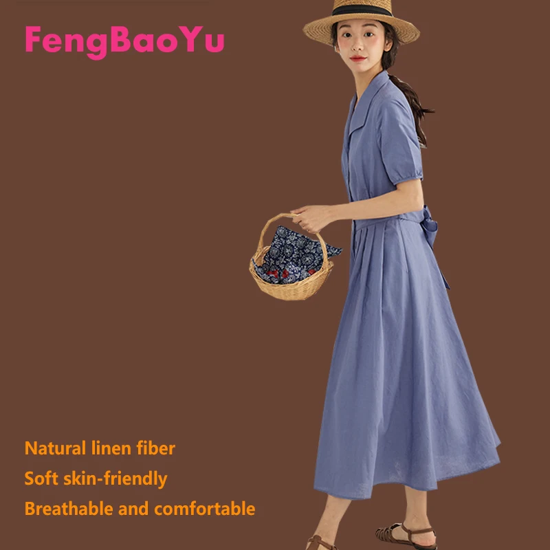 

Fengbaoyu Natural Pure Linen Women's Dress - Elegant Short-Sleeved Dress for High-end Fashion Women's Clothing