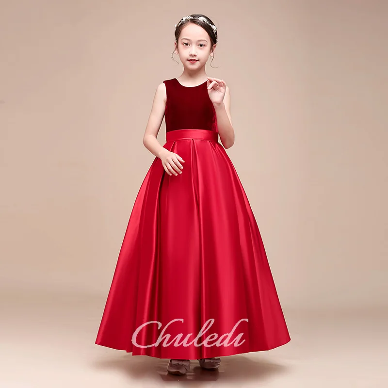 Vestido de terciopelo burdeos, vestido de dama de honor juvenil, vestido de niña de flores de satén, vestido de niño pequeño, vestido de bebé rojo, vestido largo de niña, vestido de novia