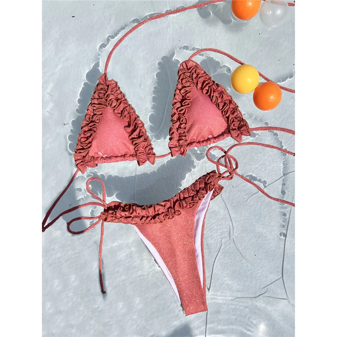 XS - L Glänzender, gerüschter Neckholder-Bikini mit Trägern, Damen-Badeanzug, zweiteiliges Bikini-Set, Badebekleidung, Badeanzug, Badebekleidung, Schwimmbekleidung V7061 – Detail 7