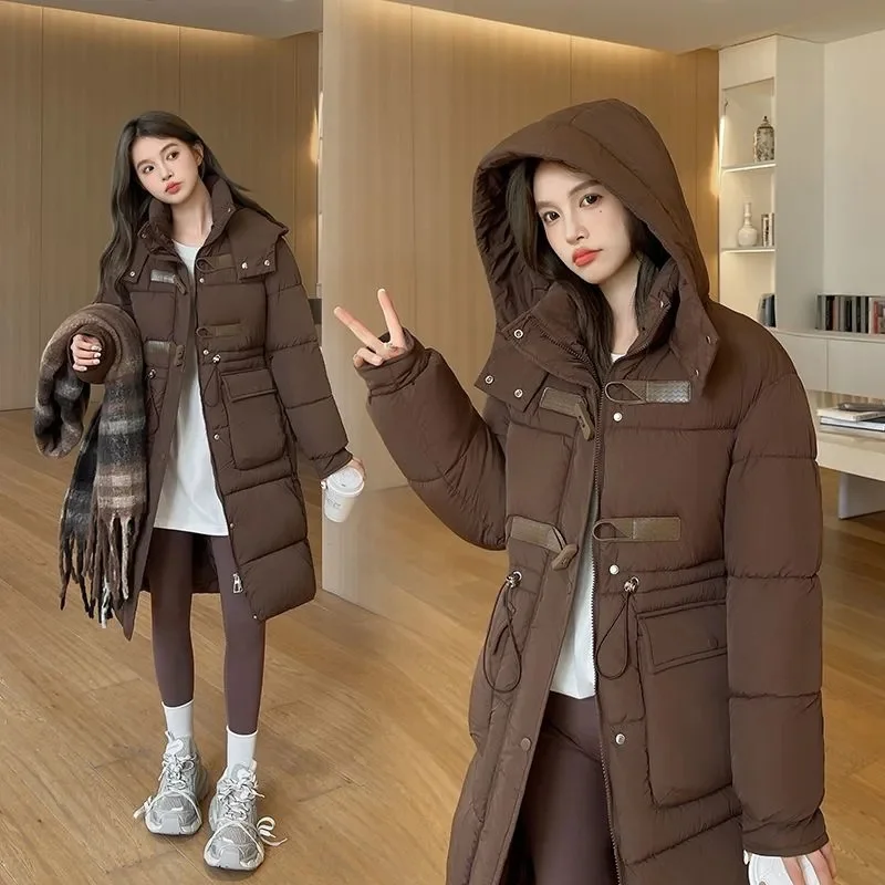 

Down Cotton-Padded Jacket Women's Long 2024 Winter New Fashion Warm Cotton Padded Coat Ladies Loose Bread Outwear Hooded Outcoat